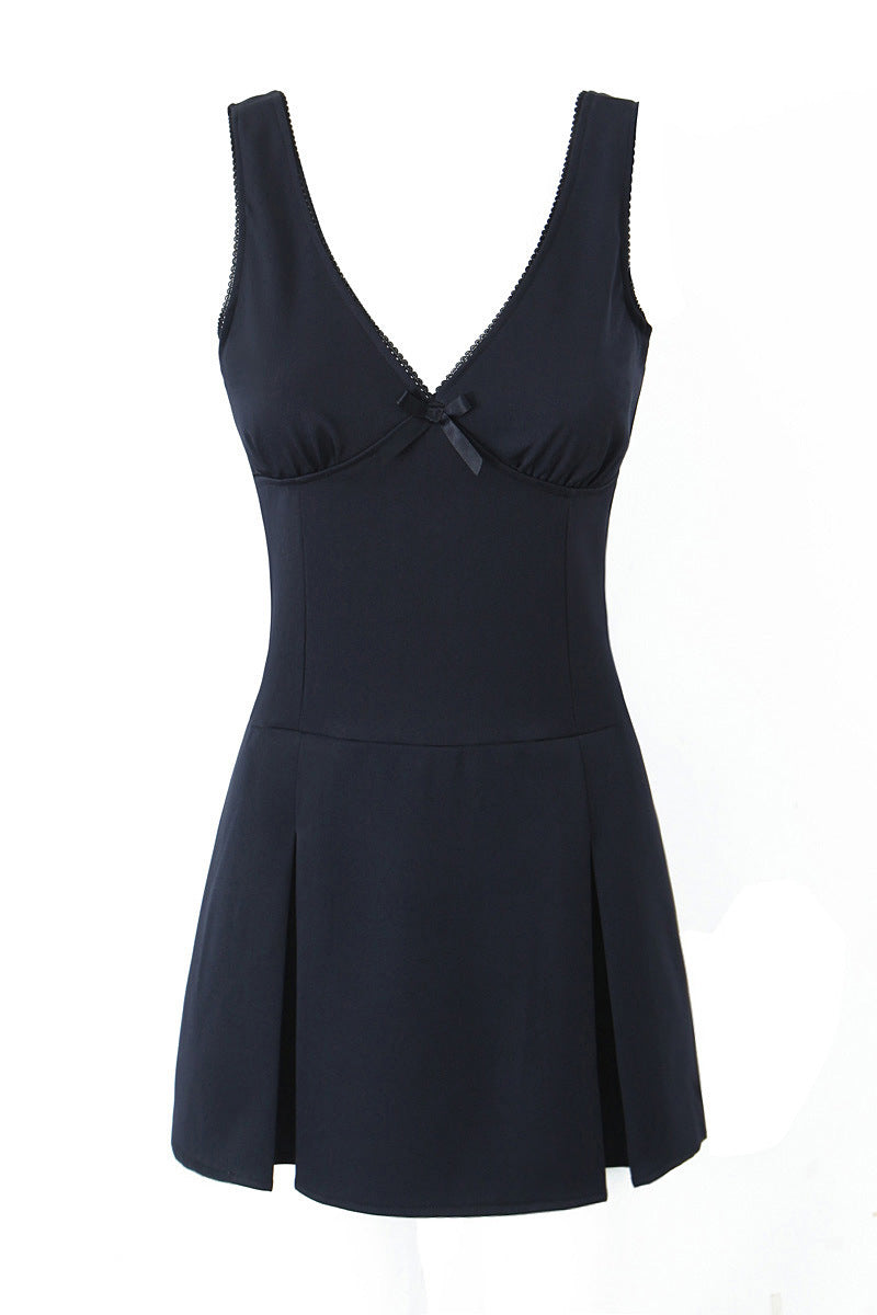 V Neck Navy Blue Bow Pleated Short Dress