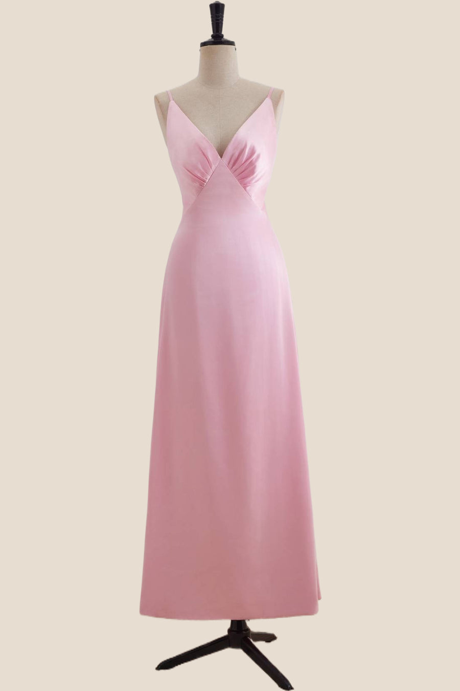 V Neck Pink Satin A-line Long Party Dress