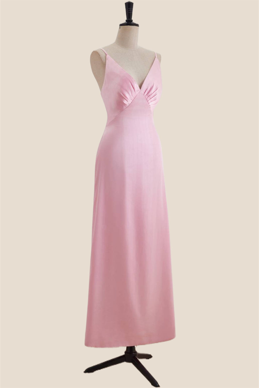 V Neck Pink Satin A-line Long Party Dress