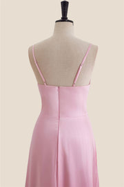 V Neck Pink Satin A-line Long Party Dress