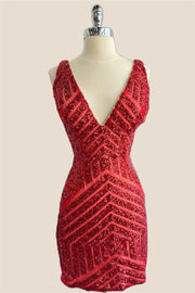 V Neck Red Sequin Bodycon Short Dress