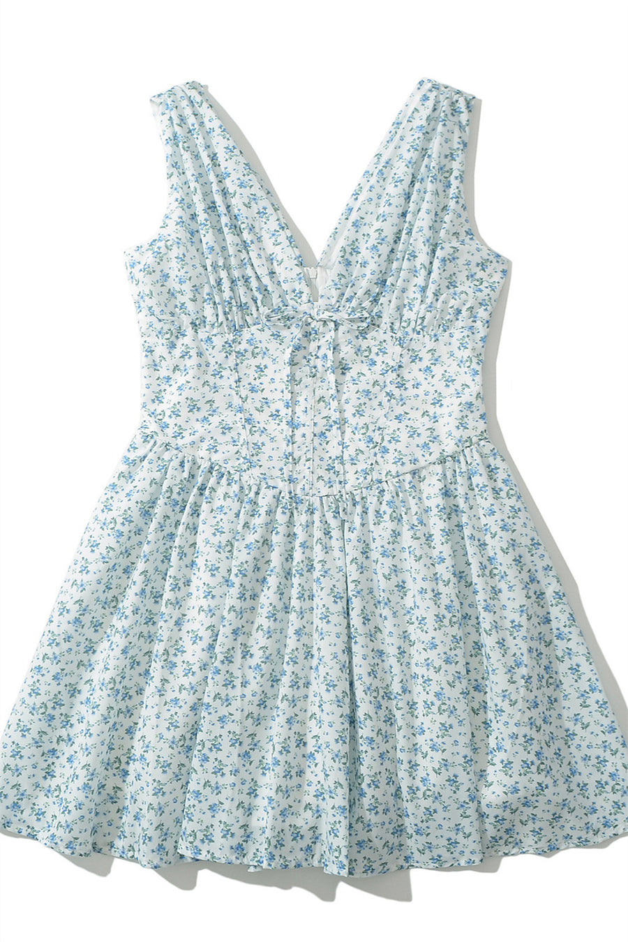 V Neck White Floral Print Tie Short Dress