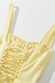 Yellow Tie Front Ruched Long Dress with Slit