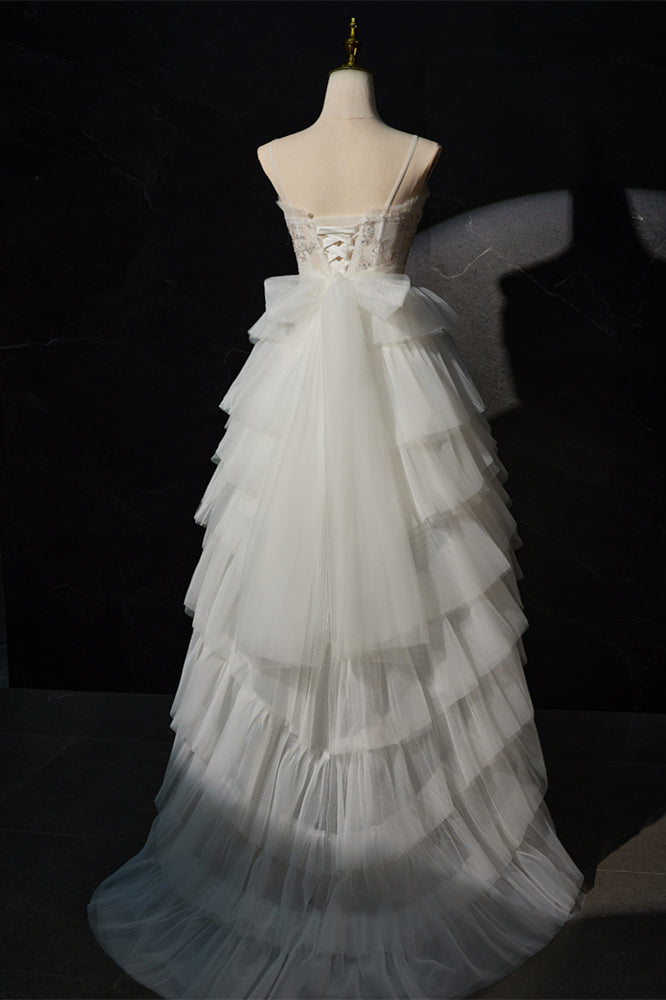 White Tiered Ruffle Hi-Low Ball Gown with Straps