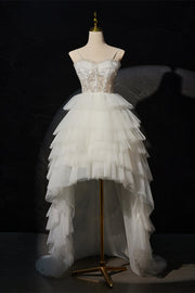 White Tiered Ruffle Hi-Low Ball Gown with Straps