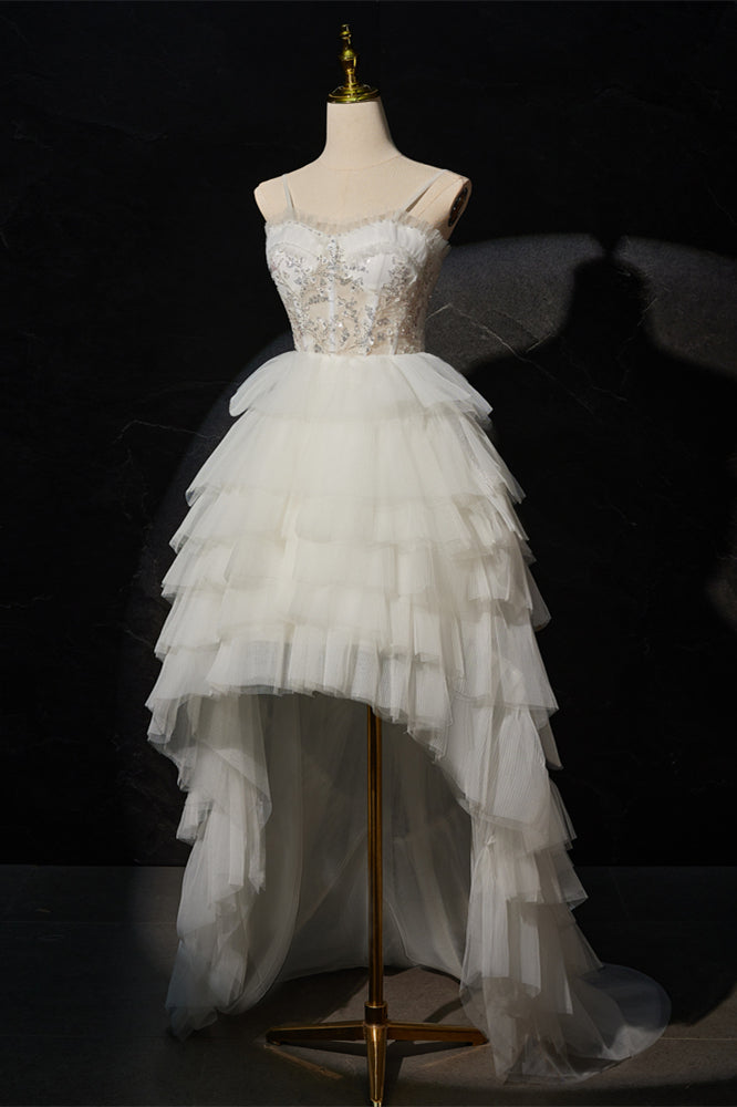 White Tiered Ruffle Hi-Low Ball Gown with Straps