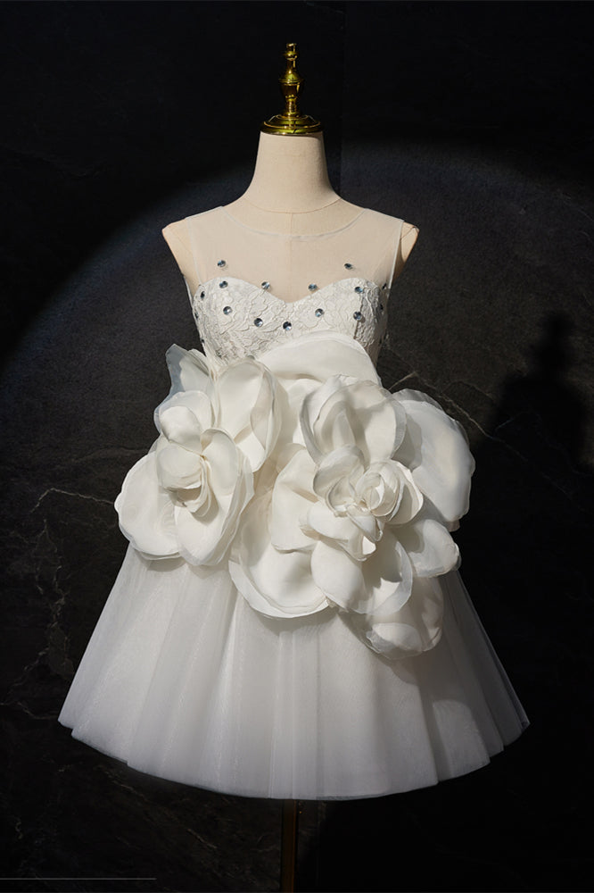 White Tulle A-line Short Dress with 3D Flowers