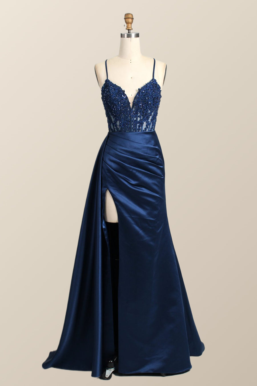 Straps Navy Blue Lace and Satin Mermaid Formal Dress