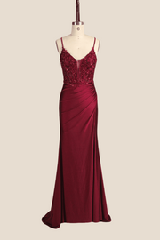 Wine Red Appliques Ruched Long Dress with Slit