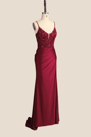 Wine Red Appliques Ruched Long Dress with Slit