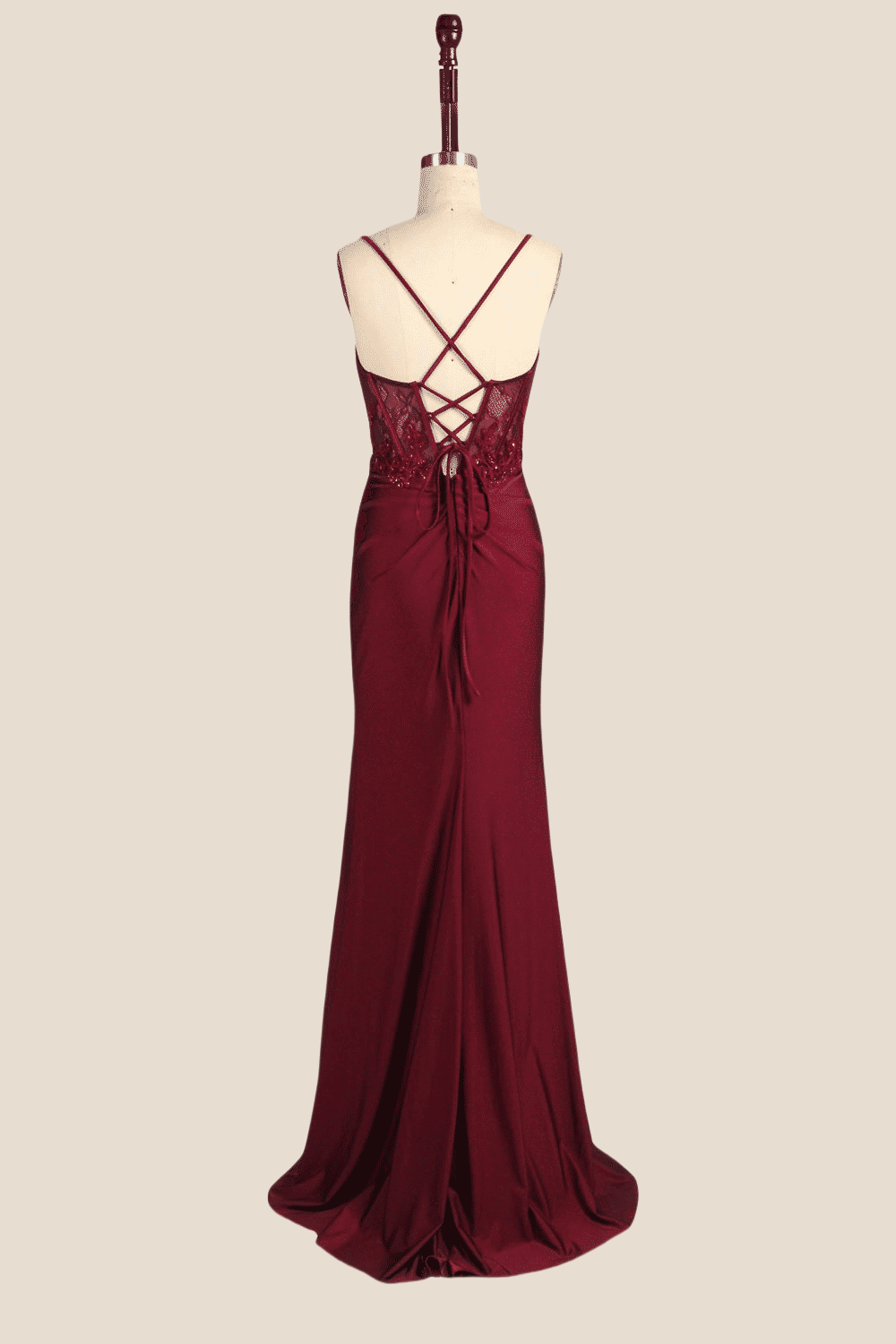 Wine Red Appliques Ruched Long Dress with Slit