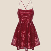 Wine Red Sequin Short Dress with Bow Back