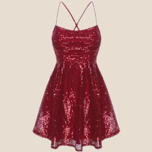 Wine Red Sequin Short Dress with Bow Back