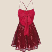 Wine Red Sequin Short Dress with Bow Back