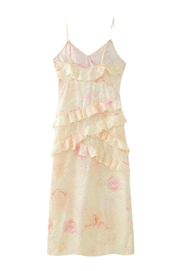 Yellow Floral Print Ruffles Long Summer Dress