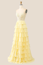 Sweetheart Yellow Appliques Tiered Ruffles Dress