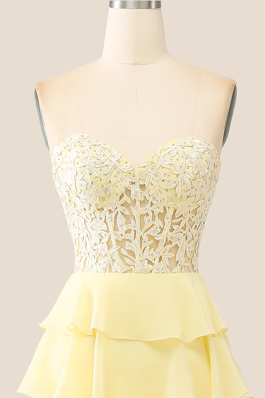 Sweetheart Yellow Appliques Tiered Ruffles Dress