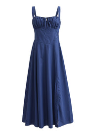 Yellow Tie Front Ruched Long Dress with Slit