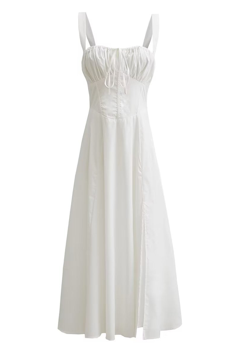 Yellow Tie Front Ruched Long Dress with Slit