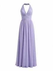 Lavender Halter V Neck Chiffon Long Dress