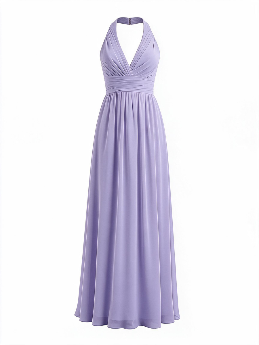 Lavender Halter V Neck Chiffon Long Dress
