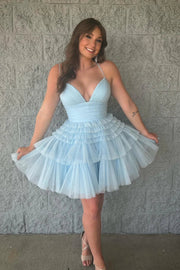 Light Blue Tulle Tiered Short A-line Dress