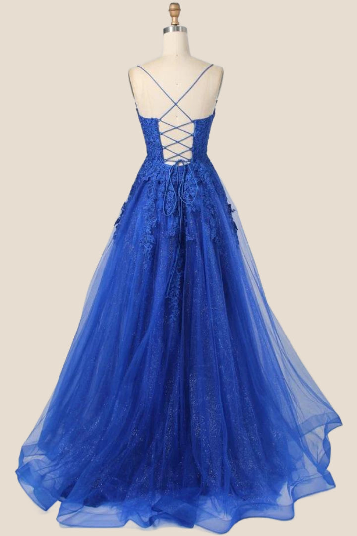 Turquoise Lace Appliques Straps A-line Long Formal Dress
