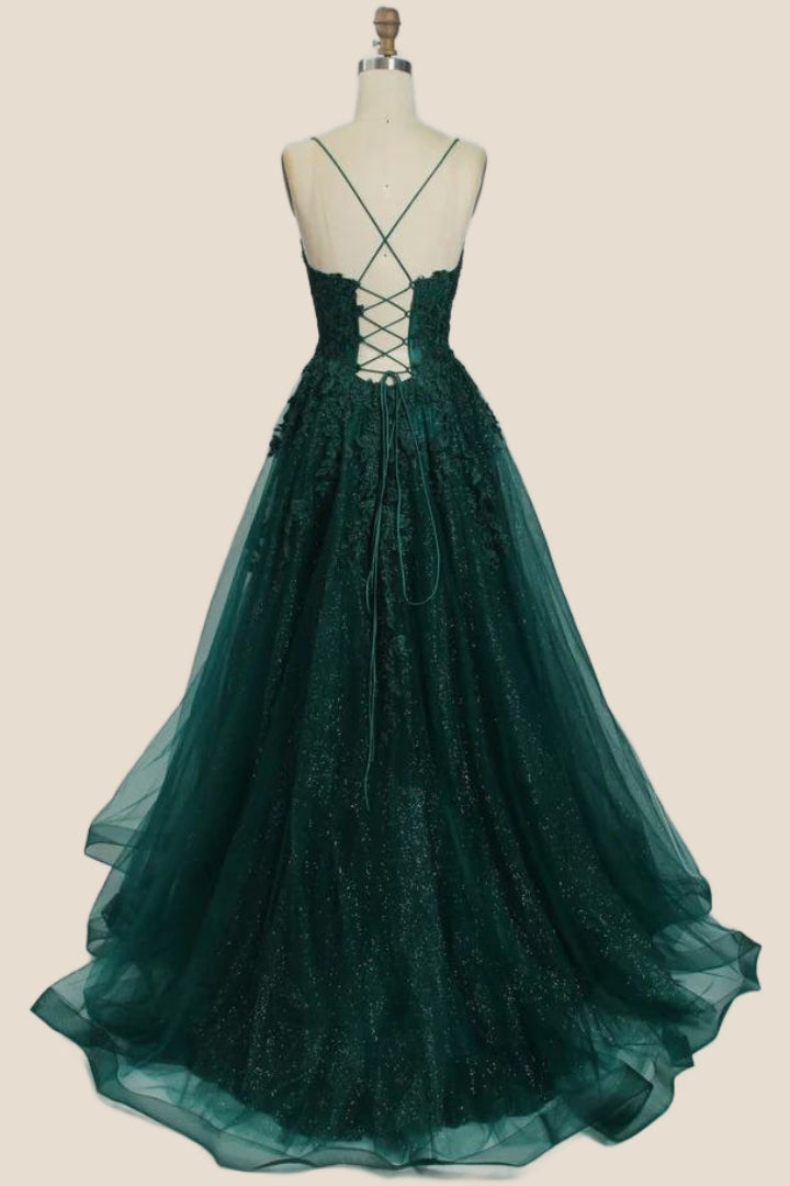 Turquoise Lace Appliques Straps A-line Long Formal Dress