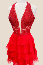 Appliques Red Chiffon Tiered Ruffle Short Dress