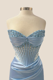 Beaded Light Blue Corset Mermaid Long Formal Dress