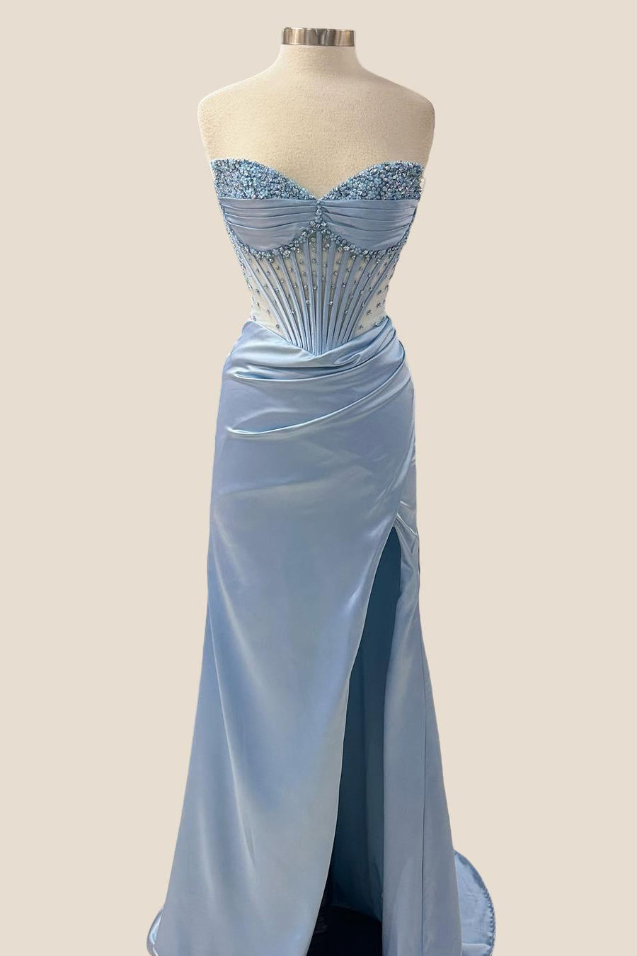 Beaded Light Blue Corset Mermaid Long Formal Dress