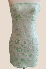 Strapless Blue Beaded Flowers Tight Short Dress