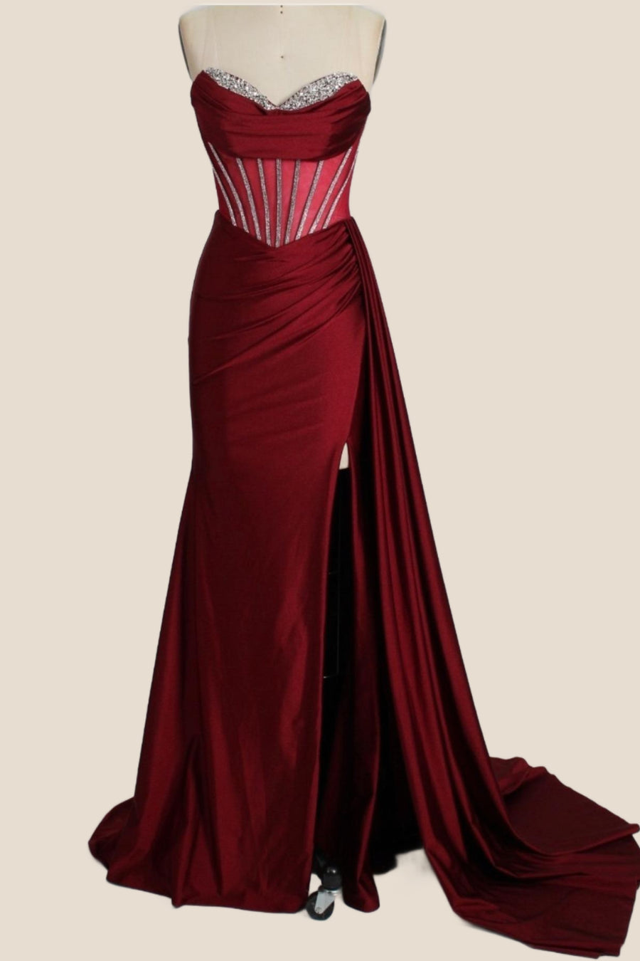 Burgundy Beaded Corset Sheath Long Formal Dress