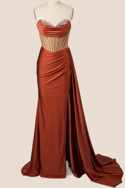 Burgundy Beaded Corset Sheath Long Formal Dress