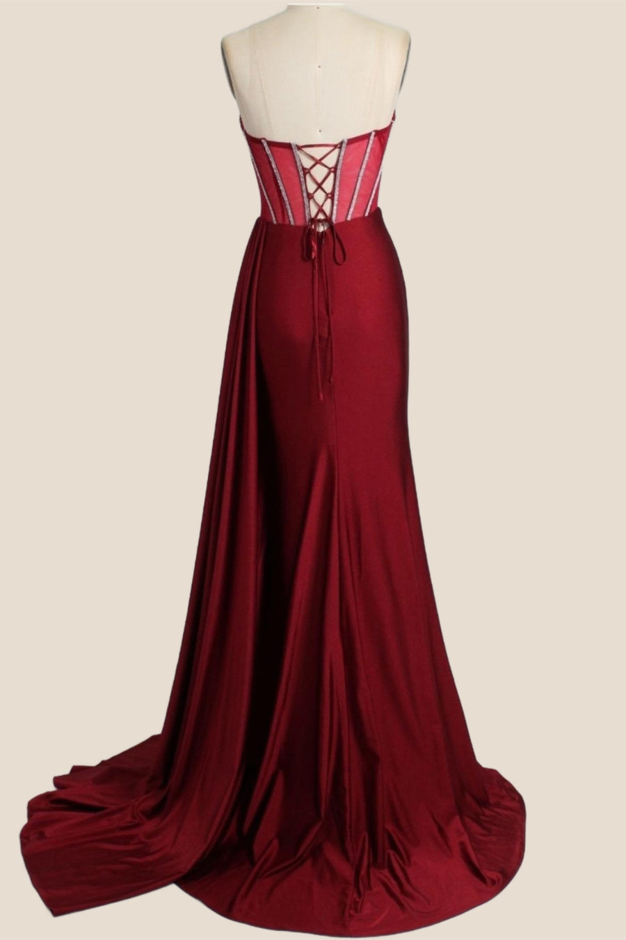 Burgundy Beaded Corset Sheath Long Formal Dress