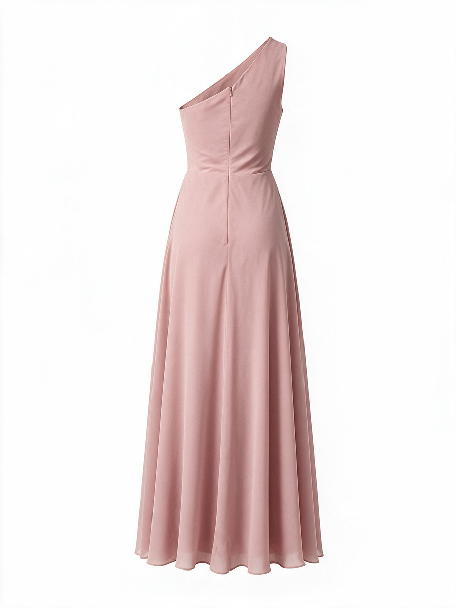 Blush Pink One Shoulder Chiffon A-Line Long Dress