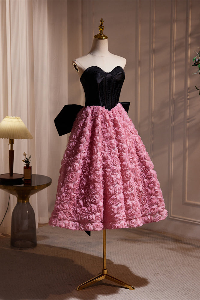 Sweetheart Black and Pink Floral Tea Length Dress