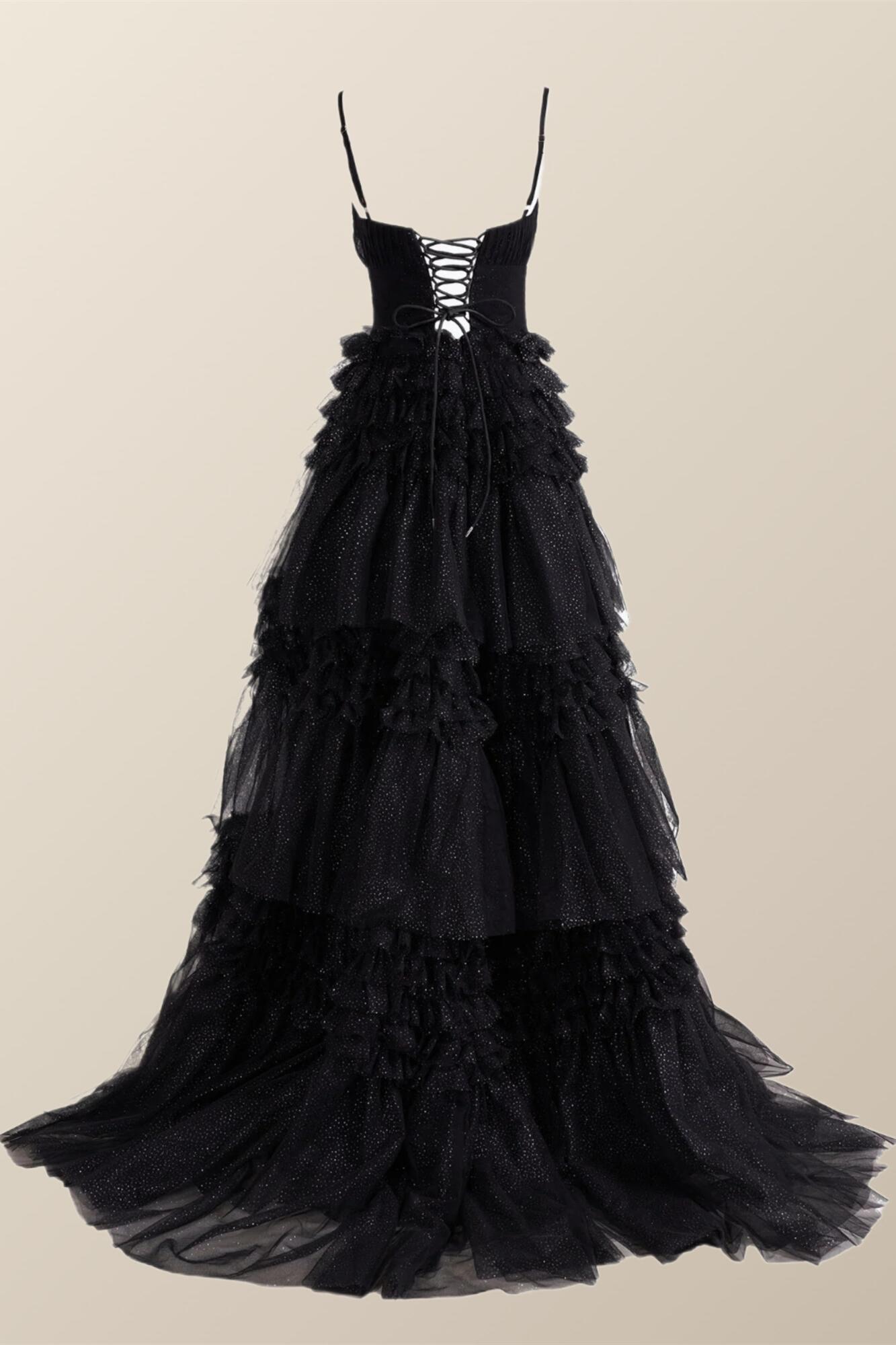 Black Tiered Ruffles A-line Long Dress
