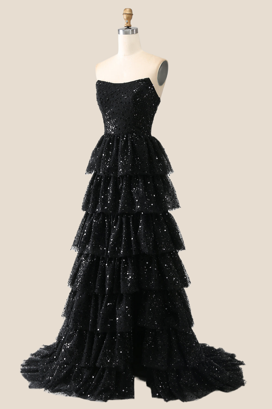 Black Sparkle Tulle Tiered Ruffles Gown