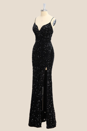 Straps Black Sequin Mermaid Long Party Dress