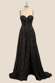 Straps Black Sequin Corset A-line Long Prom Dress