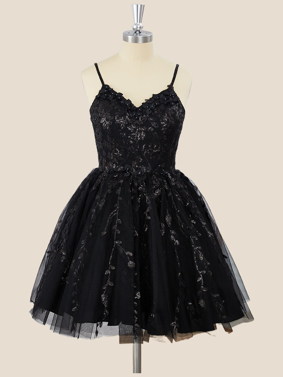 Straps Black A-line Short Tulle Homecoming Dress