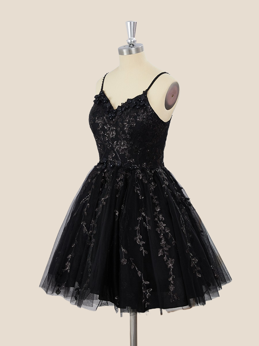Straps Black A-line Short Tulle Homecoming Dress