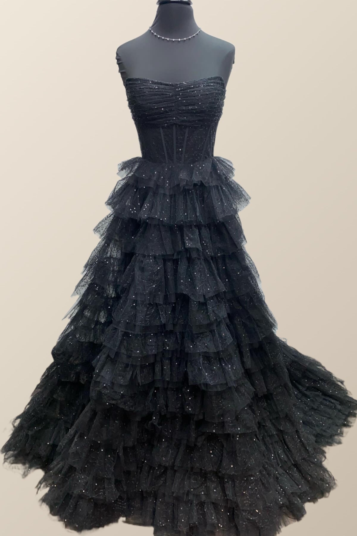 Strapless Ruched Black Tiered Long Formal Dress – Ohmollydress
