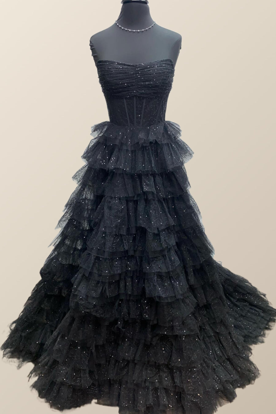 Strapless Ruched Black Tiered Long Formal Dress