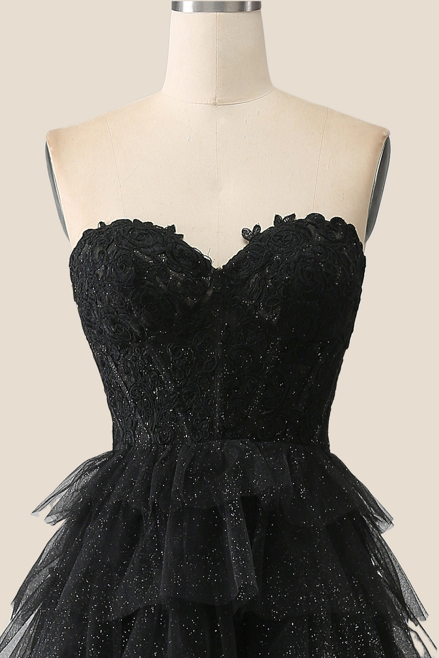 Black Appliques Tulle Tiered Ruffles Long Party Dress
