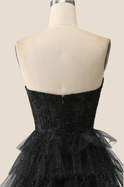 Black Appliques Tulle Tiered Ruffles Long Party Dress