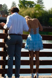 Strapless Blue Appliques Tiered A-line Short Dress