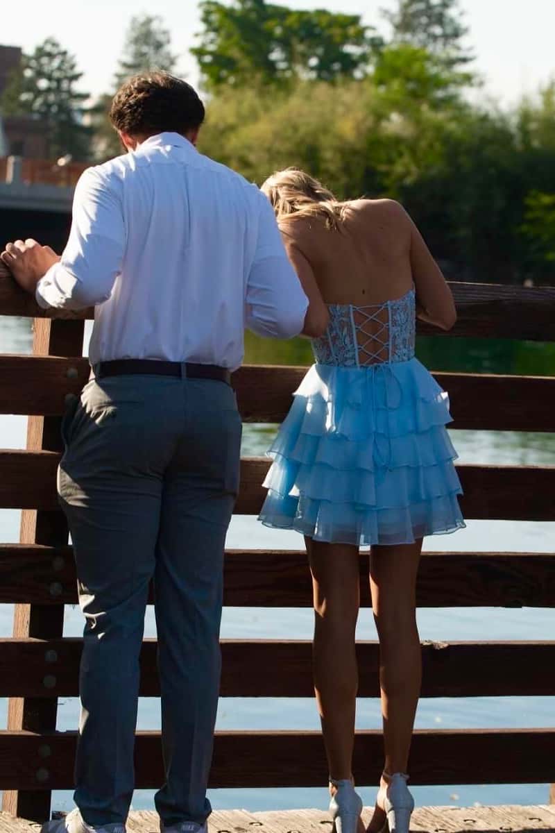 Strapless Blue Appliques Tiered A-line Short Dress