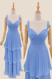 V Neck Blue Empire Tiered Long Bridesmaid Dress